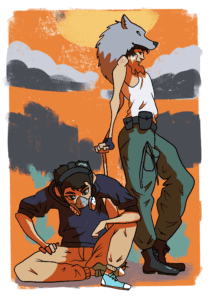 on the right is a young woman leaning on a wooden bat and wearing a wolfskin hood. on the left is an androgynous person wearing a gas mask respirator