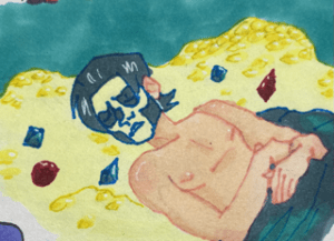 Papa Emeritus III sleeping on a pile of gold