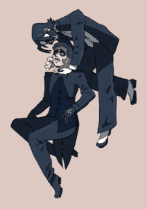 Papa Emeritus III floating over Cardinal Copia, holding his arms around him in a protective embrace