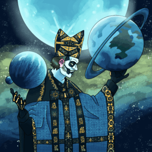 Papa Emeritus IV against a space background surrounded by planets