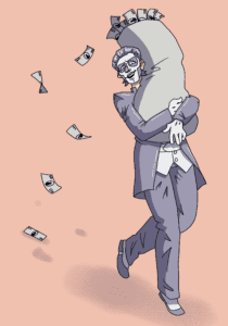 Papa Emeritus III walking, holding a huge bag of money