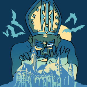 a recreation of the opus eponymous album art, Papa Emeritus I leaning menacingly over a cathedral