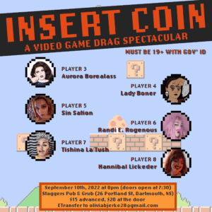 Insert Coin video game drag show promotional cast poster, themed like super Mario bros
